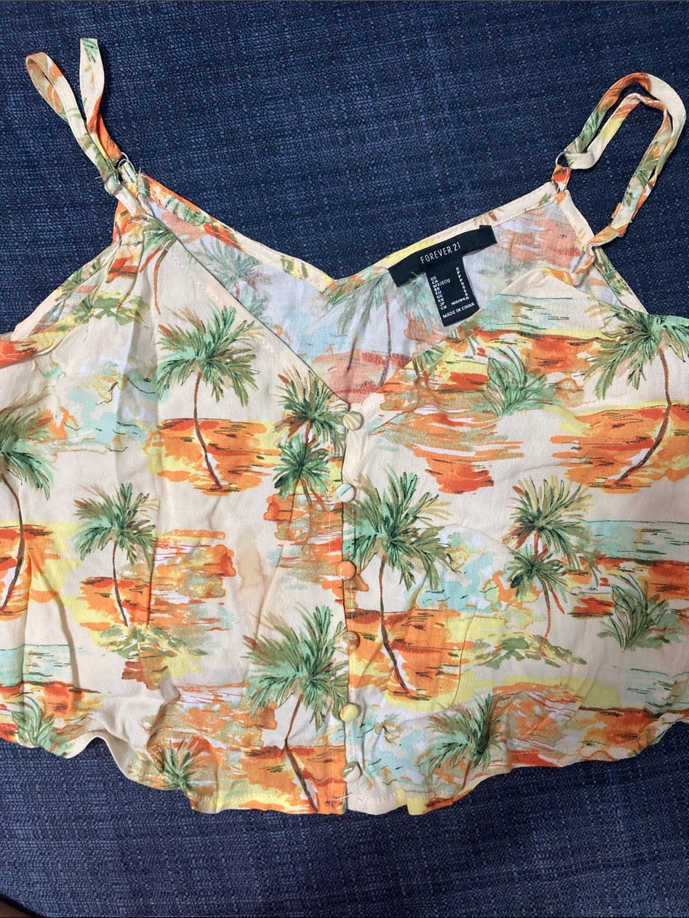 Forever 21 Tropical Palm Print Button-Front Cami in Orange, Green & Cream